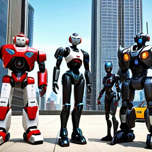 Home 4 **
A group of diverse robots (Tobot Y, X, Z, D, and C) standing together, smiling. Tobot Y (Corey's) is positioned slightly ahead, looking intelligent. In the background, show a futuristic cityscape. Emphasize friendship and teamwork.
**