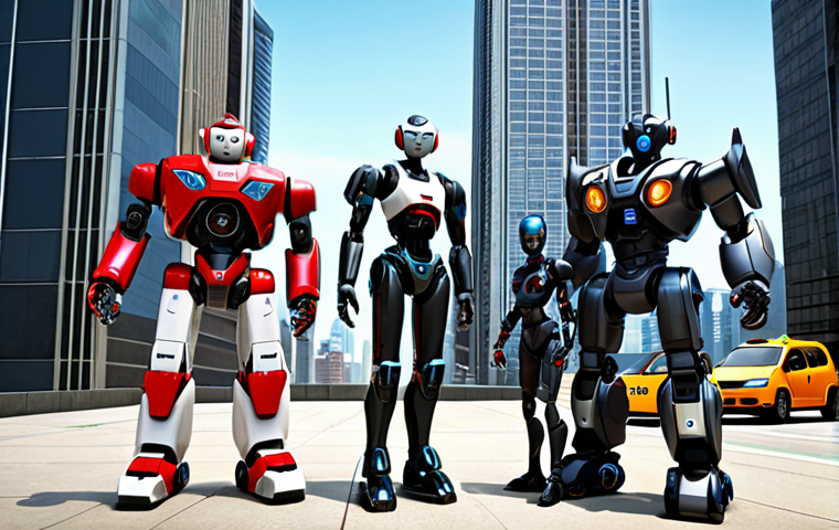 **
A group of diverse robots (Tobot Y, X, Z, D, and C) standing together, smiling. Tobot Y (Corey's) is positioned slightly ahead, looking intelligent. In the background, show a futuristic cityscape. Emphasize friendship and teamwork.
**