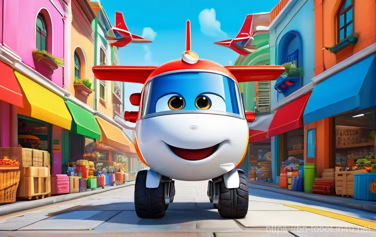 또봇의 경쟁 시리즈 - **Prompt Title: Global Delivery with Super Wings Jett**
**Prompt:** A vibrant and dynamic scene ...